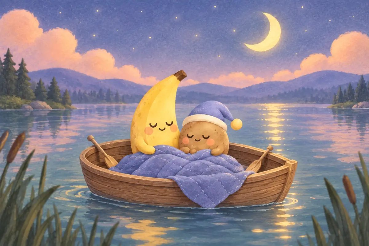 Nana and Tato drifting in a little wooden boat under a crescent moon, tucked beneath a purple quilt