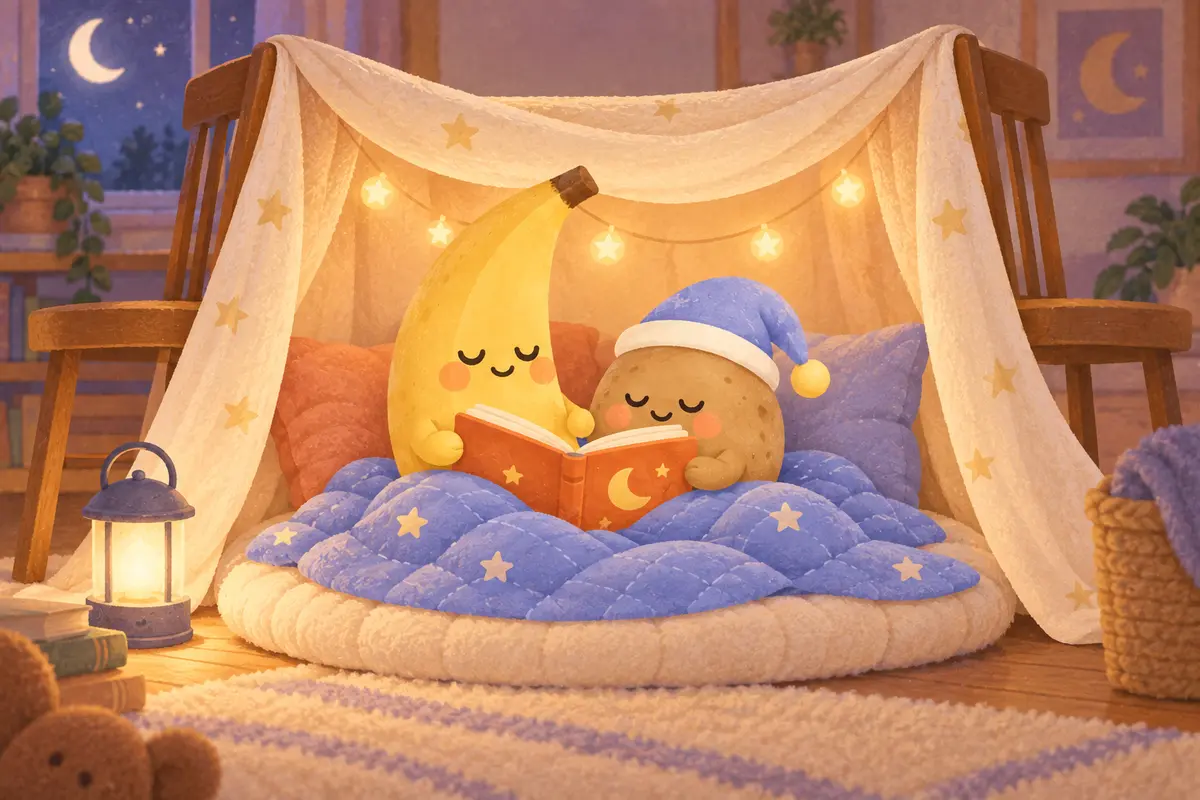 Nana and Tato reading together inside a blanket fort lit by star fairy lights