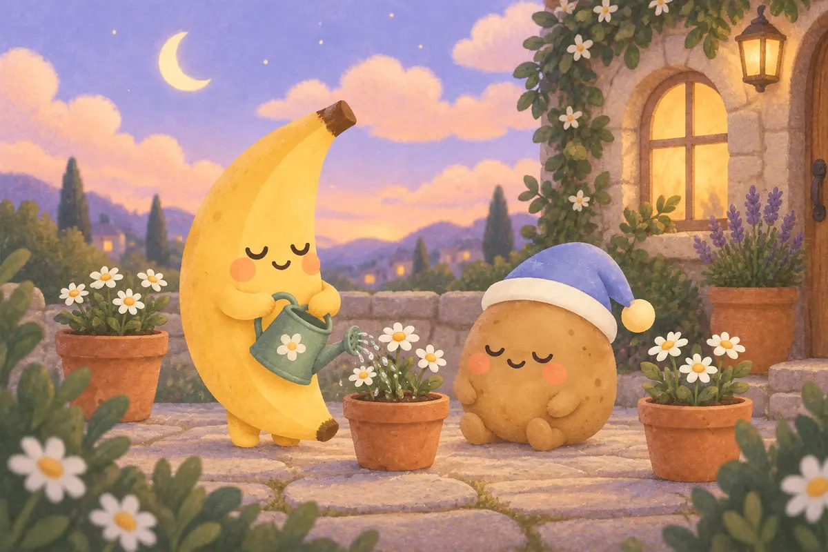 Nana watering daisies while Tato rests in a moonlit cottage garden