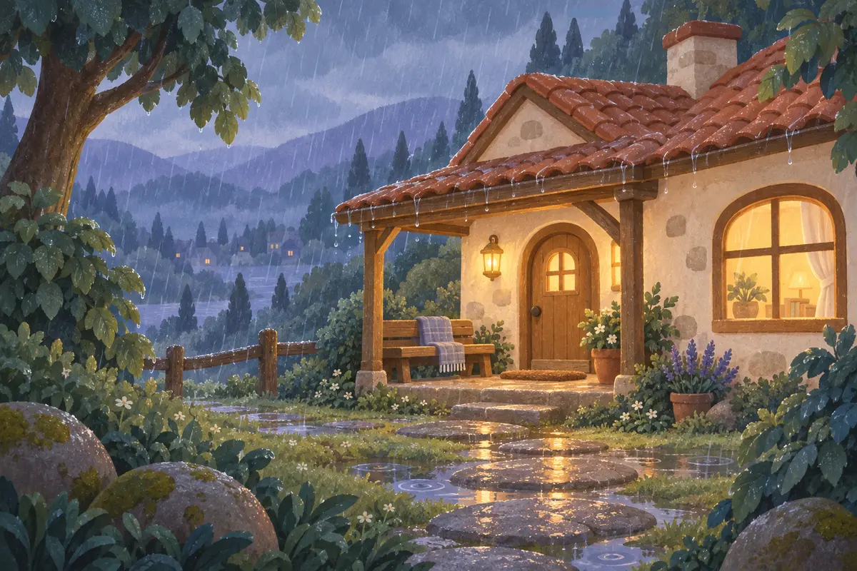 Gentle rain falling on a warmly lit stone cottage at the edge of a forest
