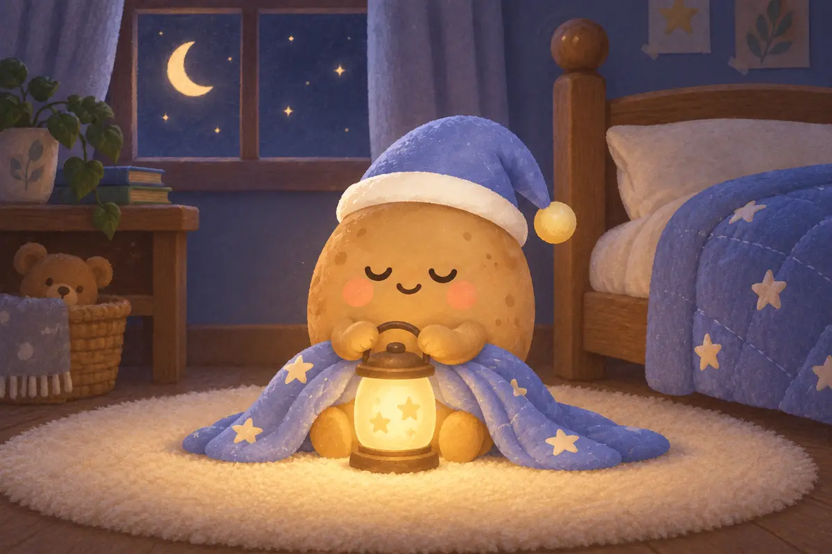 Tato in his blue nightcap holding a glowing lantern on a soft bedroom rug at night