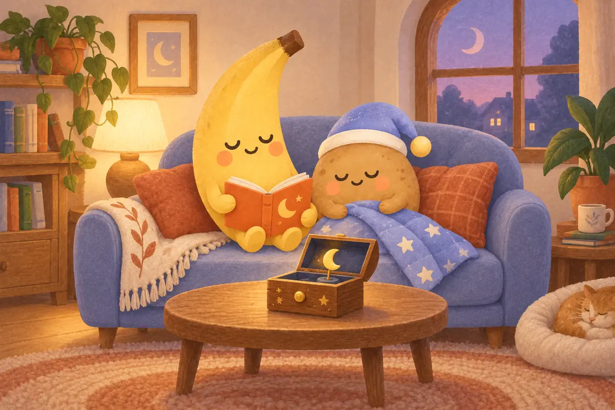 Nana reading a storybook to Tato on a blue sofa beside a warm lamp and a little music box