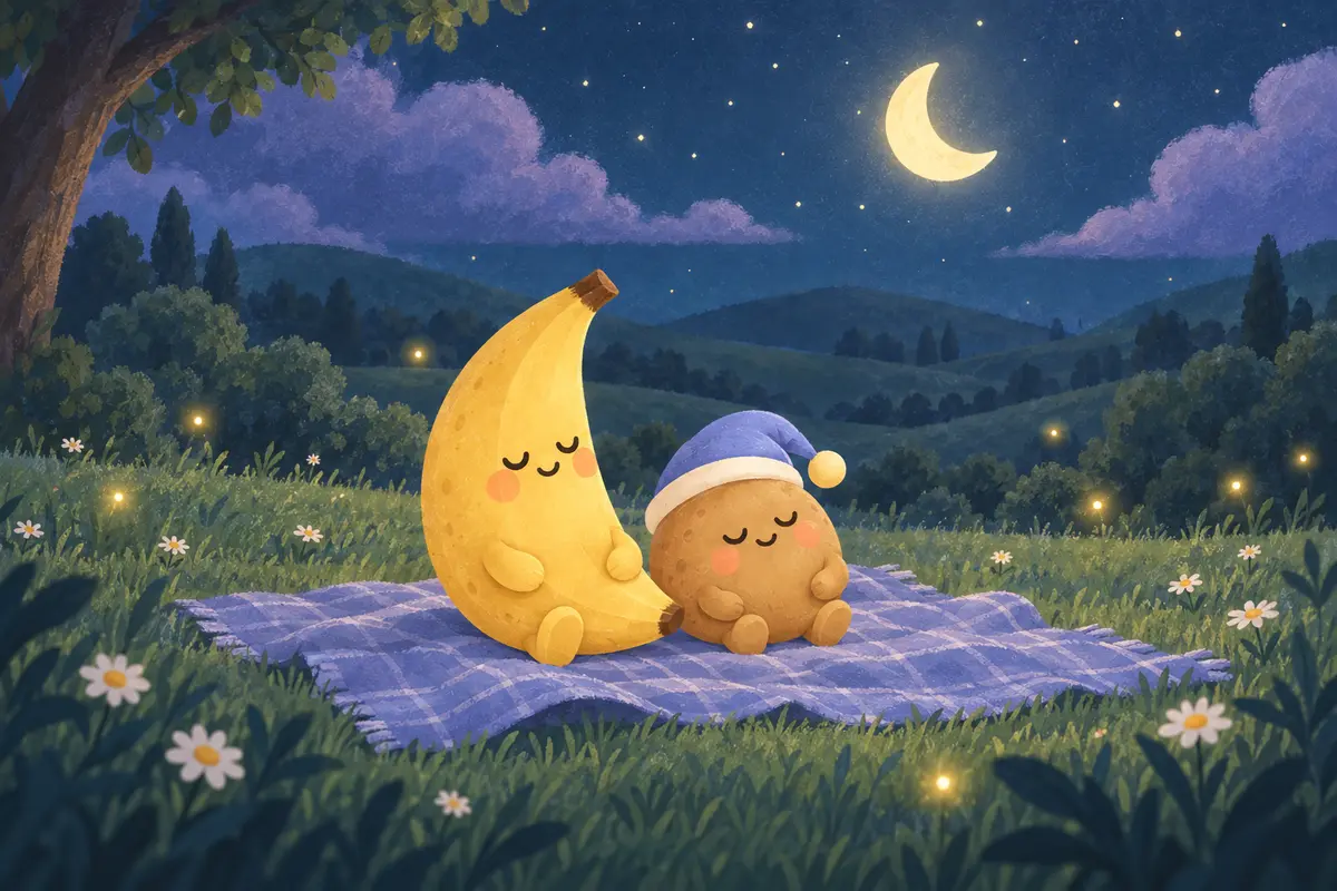 Nana and Tato resting on a picnic blanket in a firefly-lit meadow under a crescent moon