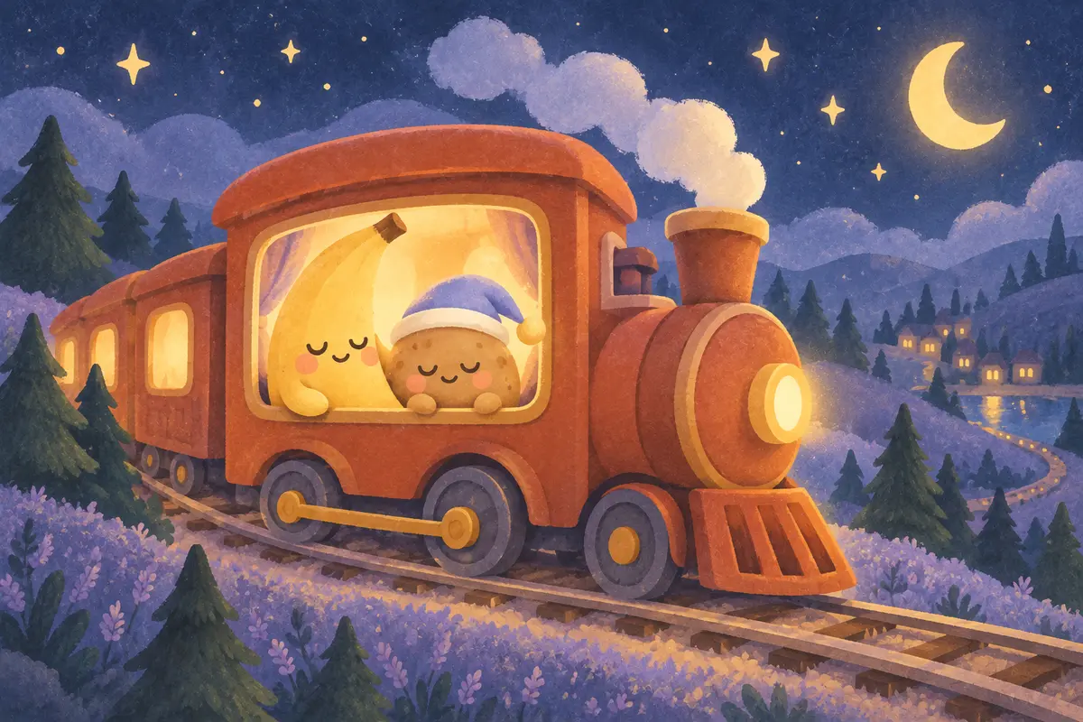 Nana and Tato riding a little red night train past lavender fields under the moon