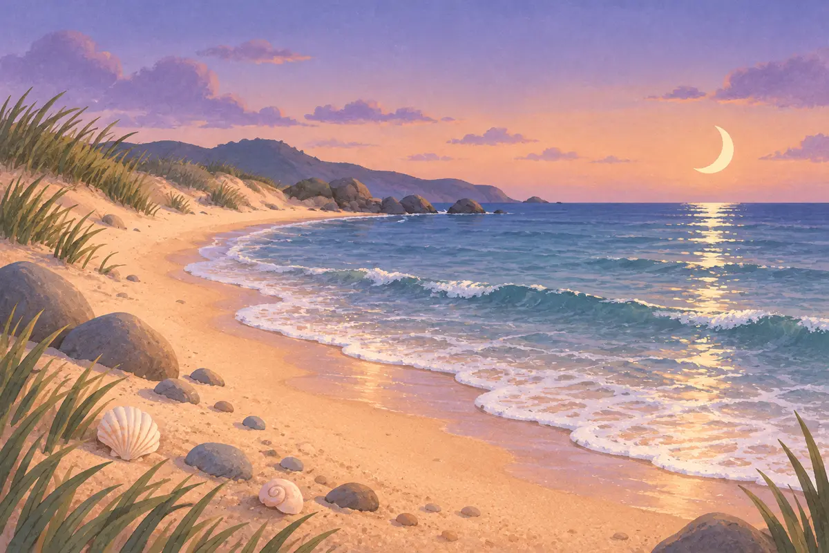 A quiet moonlit shoreline with small waves washing over pale sand